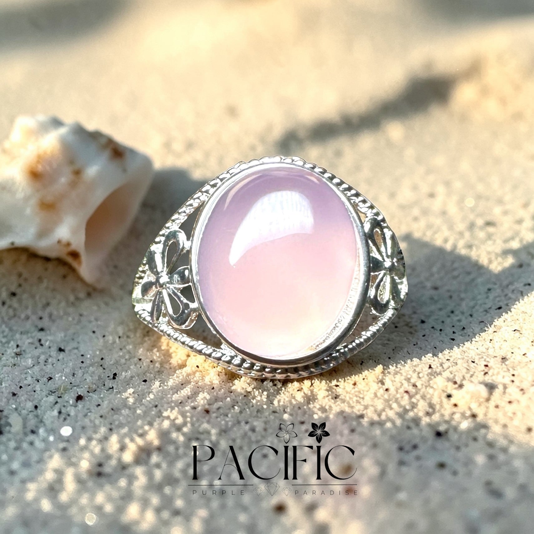 Bague en calcédoine rose en pierre naturelle, design solitaire argenté