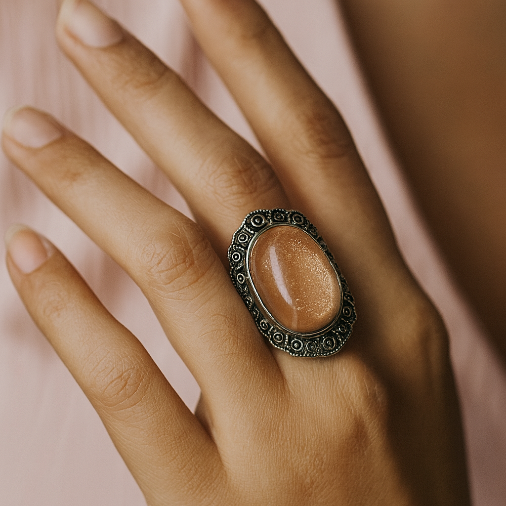 Bague en pierre de lune pêche AAA en argent 925 portée, zoom sur la main, bijou rituel ajustable et lumineux.