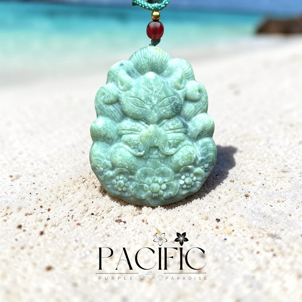 Collier en Jade Néphrite avec Kitsune en prière et 5 fleurs de cerisier gravée